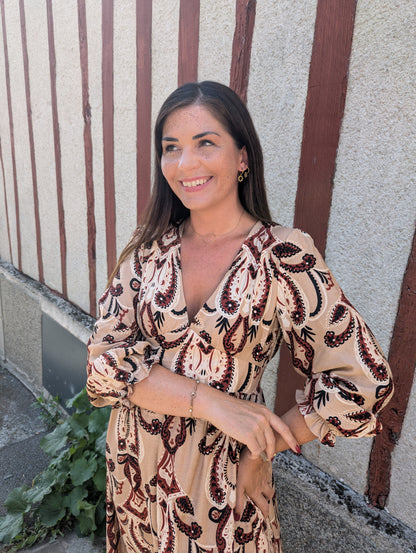 Robe longue bohème beige noir bordeaux manches longues