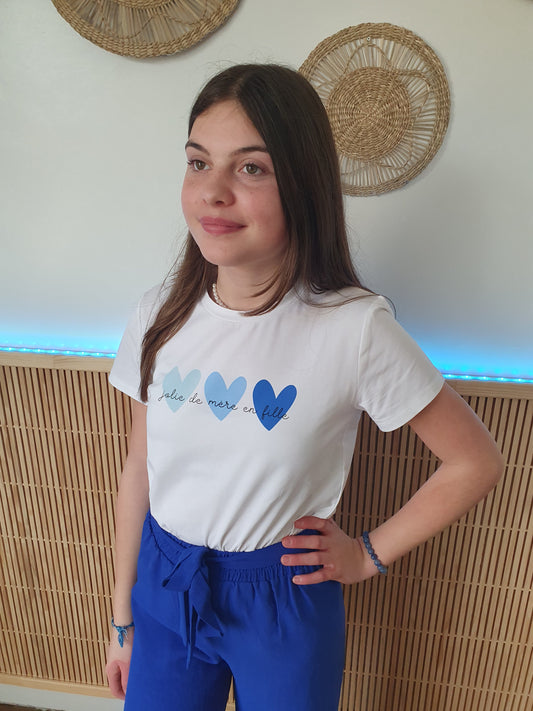 T-shirt telle mère telle fille blanc et bleu avec coeurs