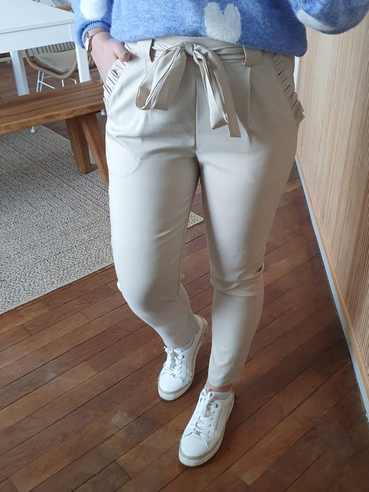 Pantalon beige femme avec noeud devant style décontracté