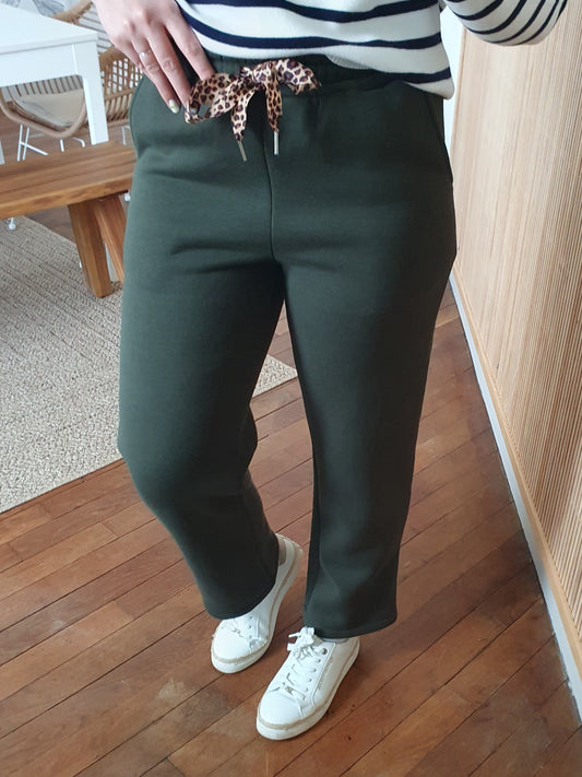 Pantalon jogging femme molletonné kaki cordon léopard