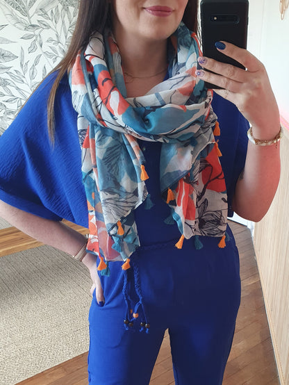 Foulard feuilles colorées avec pompons femme printemps