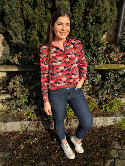 Chemise fluide imprimé motif feuille papyrus rose noir