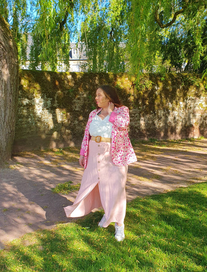 Blazer fluide motif fleuri rose et blanc grande taille curvy