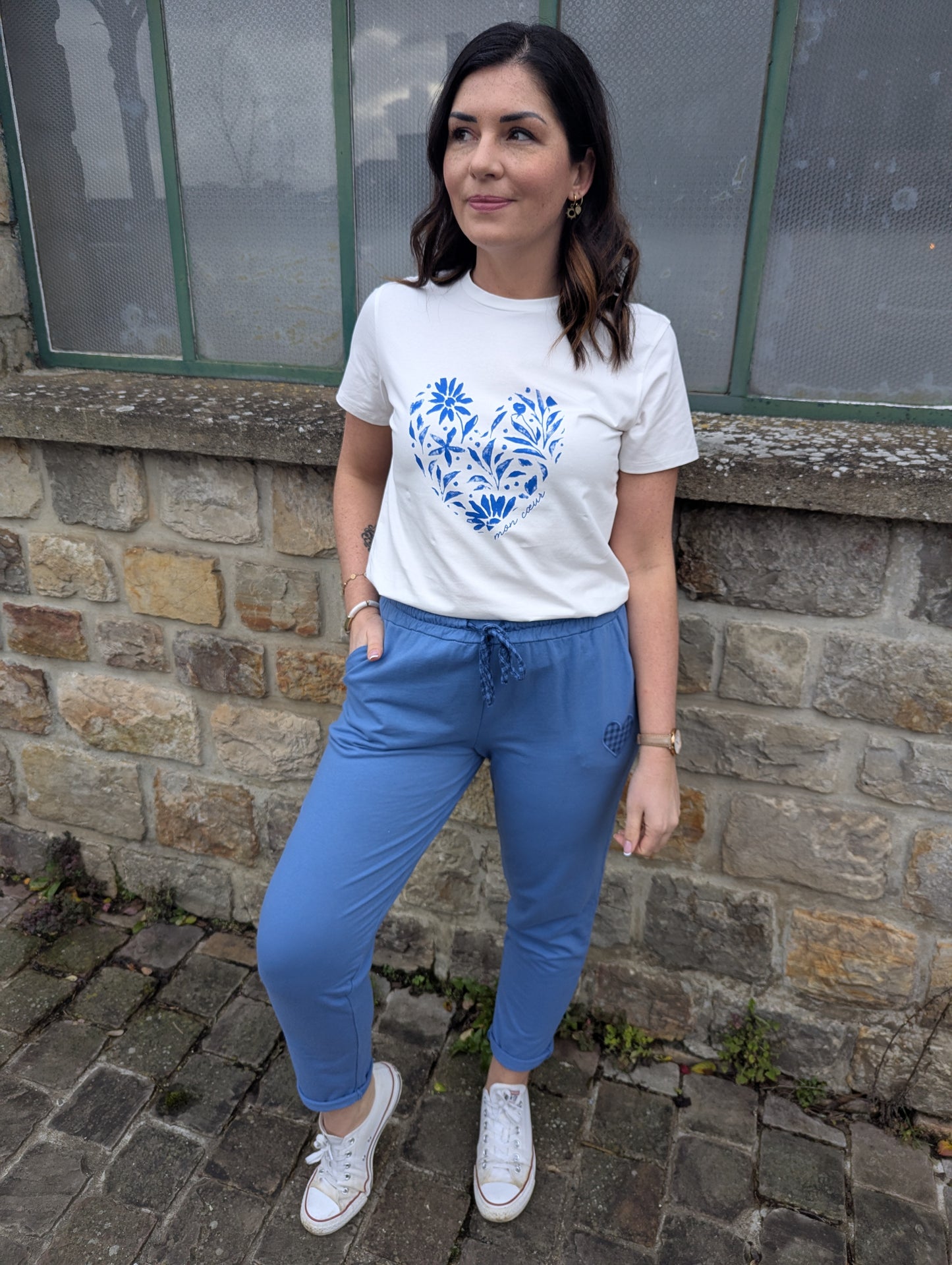 Pantalon jogging femme bleu jean avec coeur vichy