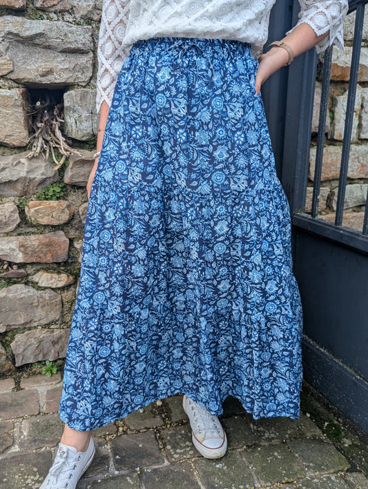 Jupe longue boheme bleu marine blanc fleurs