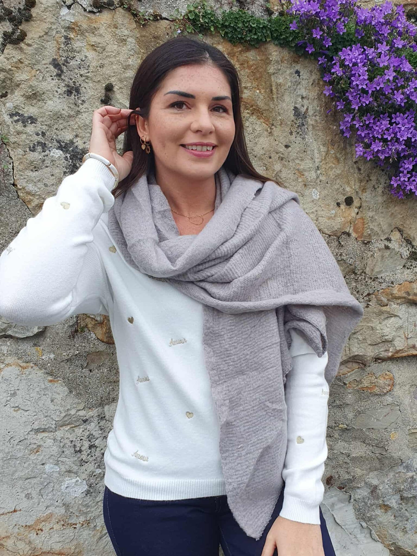 Echarpe épaisse gris perle femme asymétrique