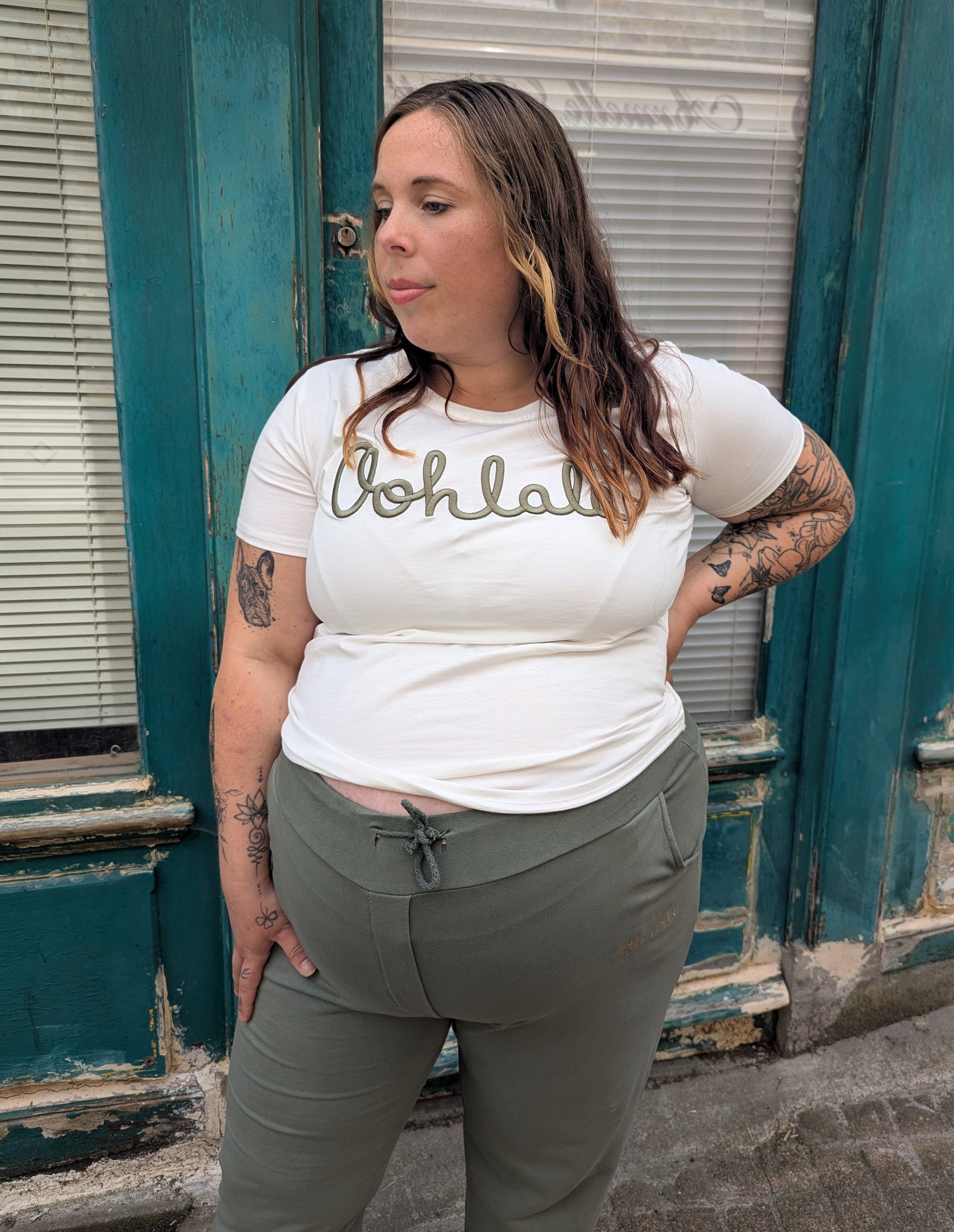 T-shirt OOHLALA blanc et kaki grande taille col rond