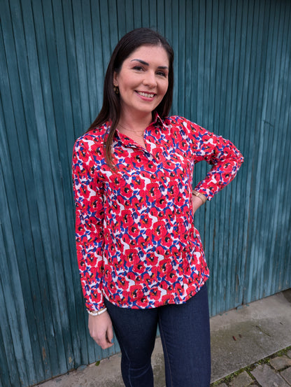 Chemise fluide imprimé fleurs coquelicots fushia bleu