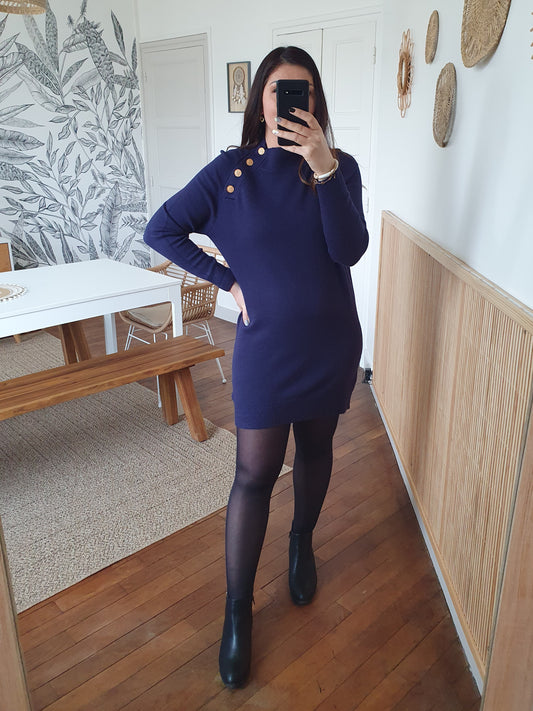 Robe-pull marine avec boutons dorés au col tendance femme