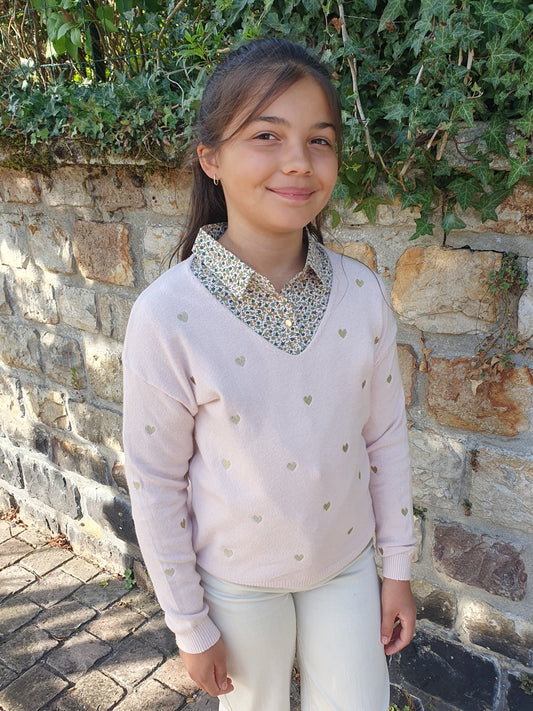 Pull rose coeurs dorés floqués pour fille tendance enfant