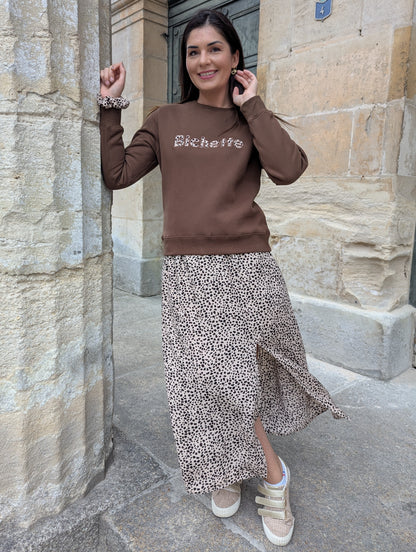 Sweat bichette marron écriture léopard femme