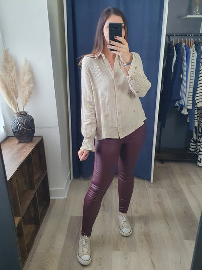 Chemise gaze de coton beige avec coeurs dorés femme