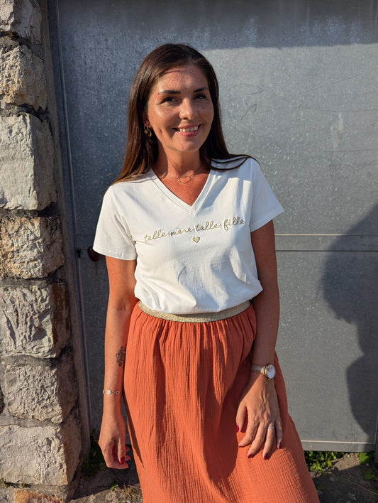 T-shirt telle mère telle fille blanc et doré col en v