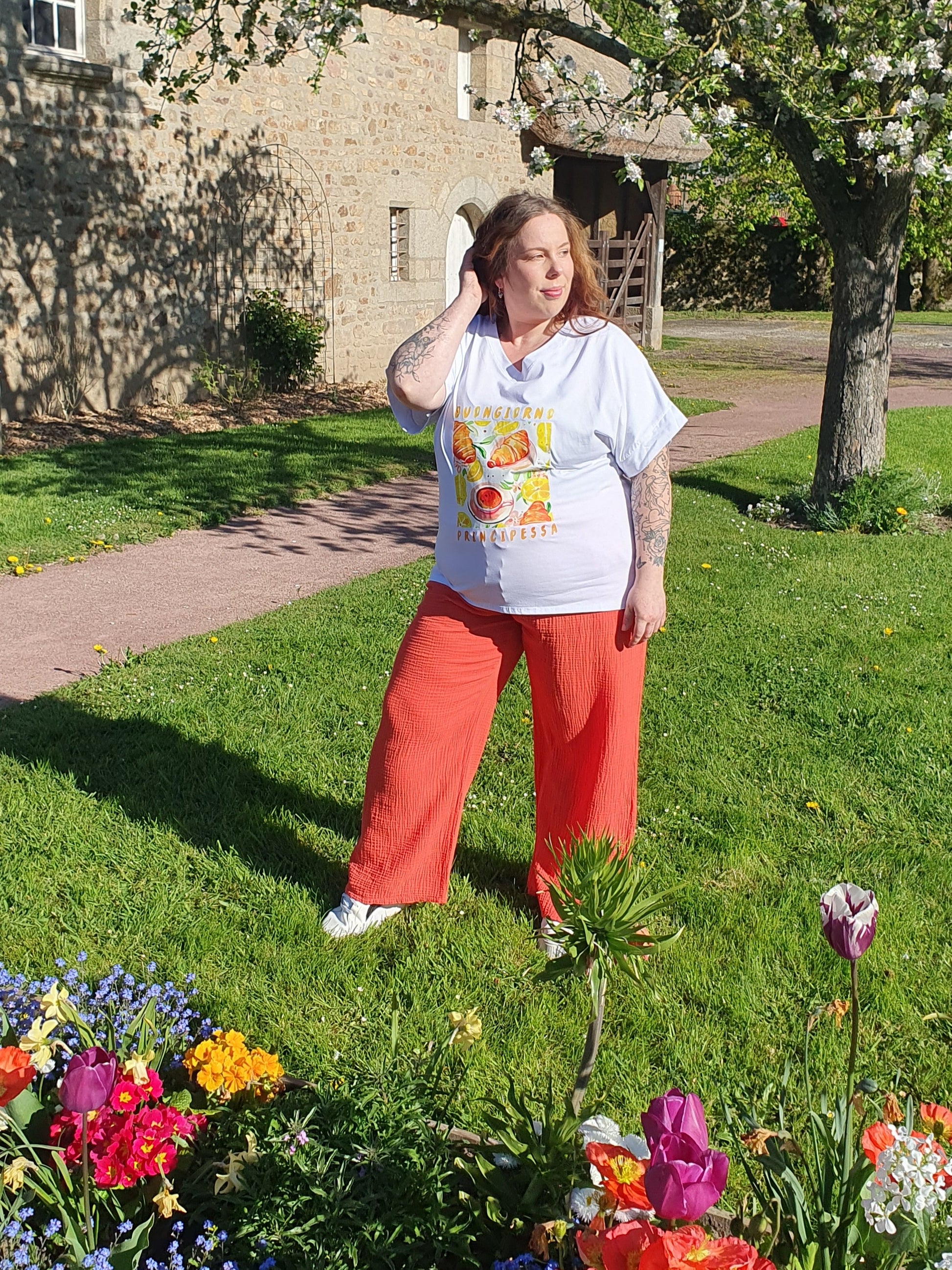 Pantalon gaze de coton couleur corail grande taille curvy
