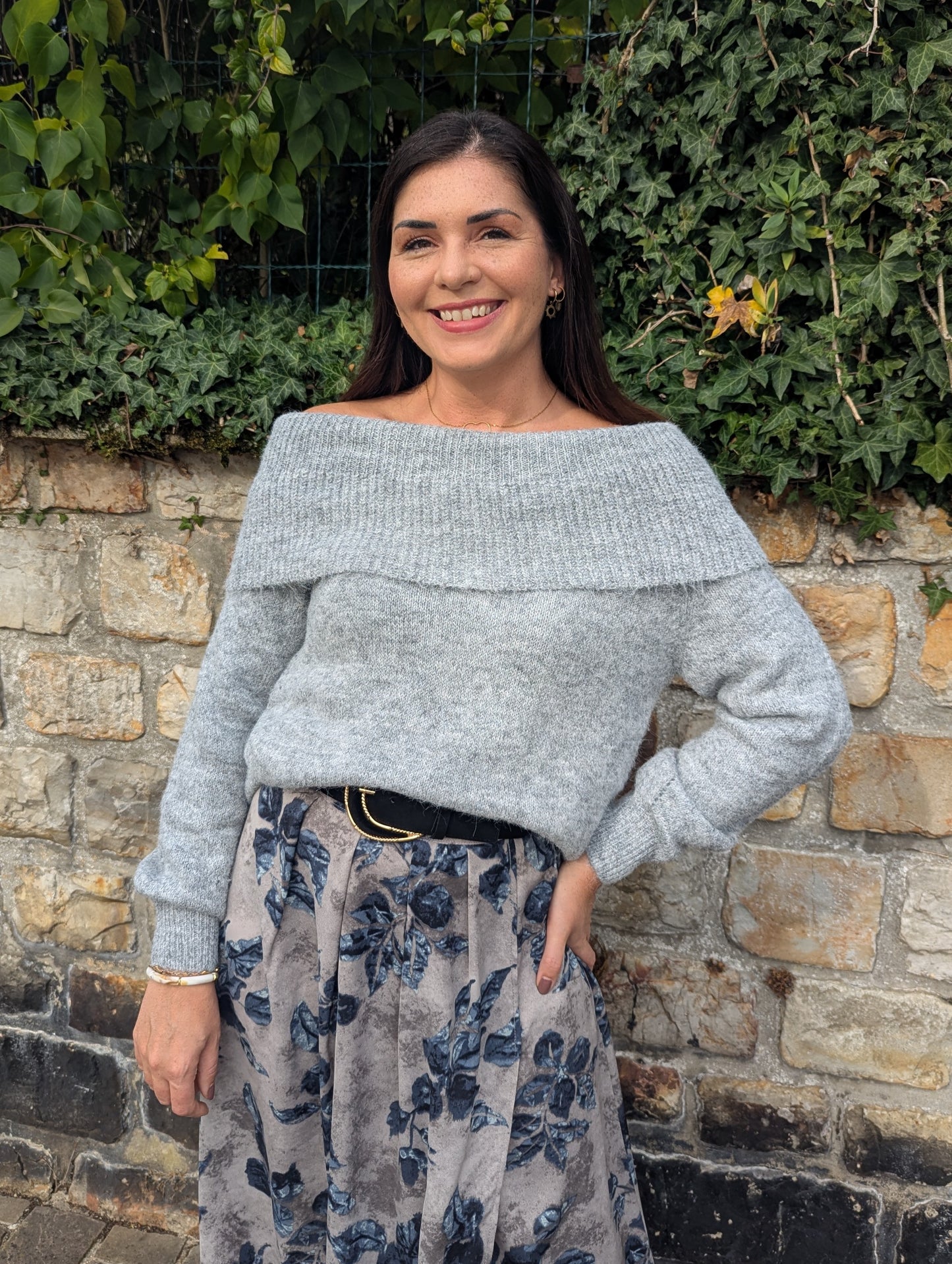 Pull oversize à col revers sur les épaules gris femme