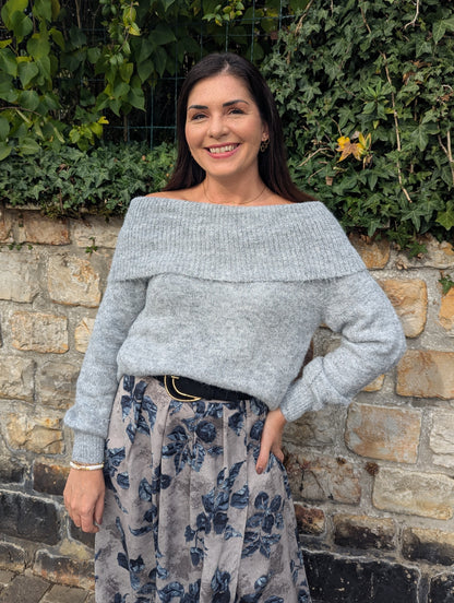 Pull oversize à col revers sur les épaules gris femme