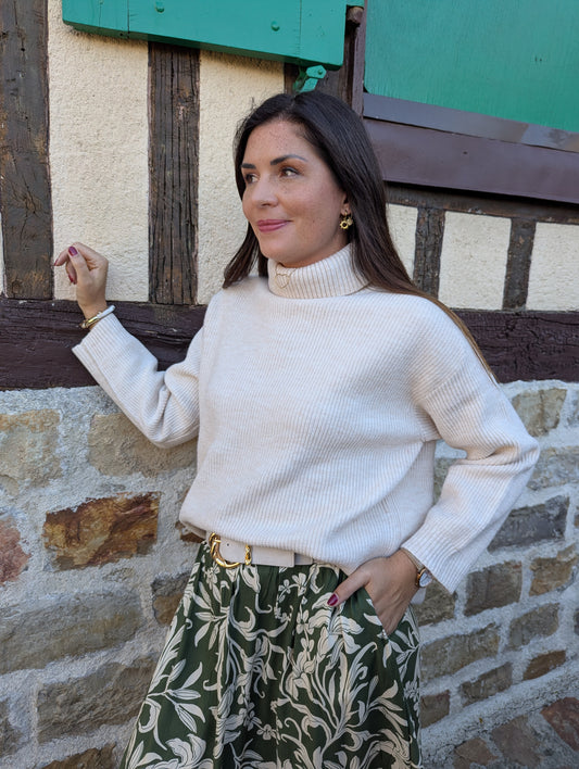 Pull oversize à col roulé beige femme tout doux