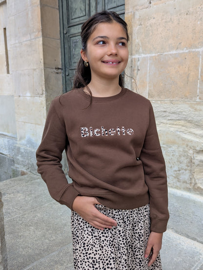 Sweat bichette marron écriture léopard fille