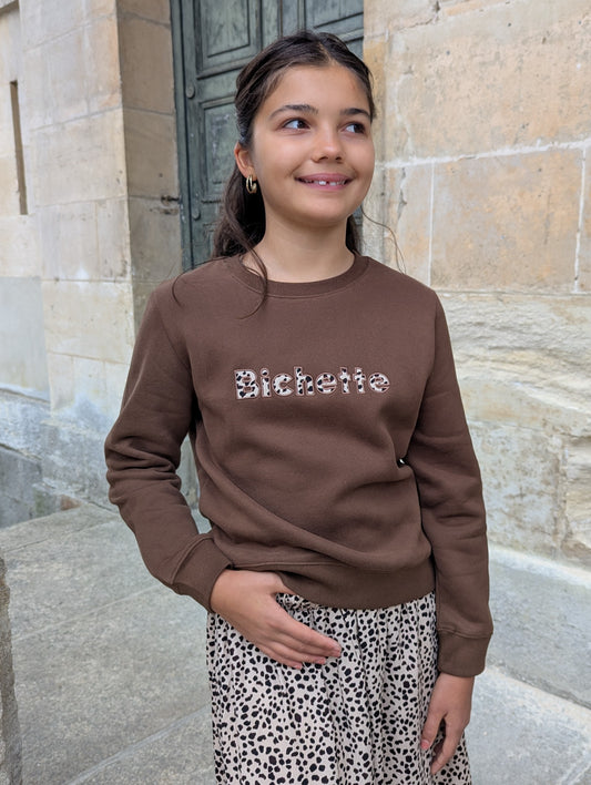 Sweat bichette marron écriture léopard fille