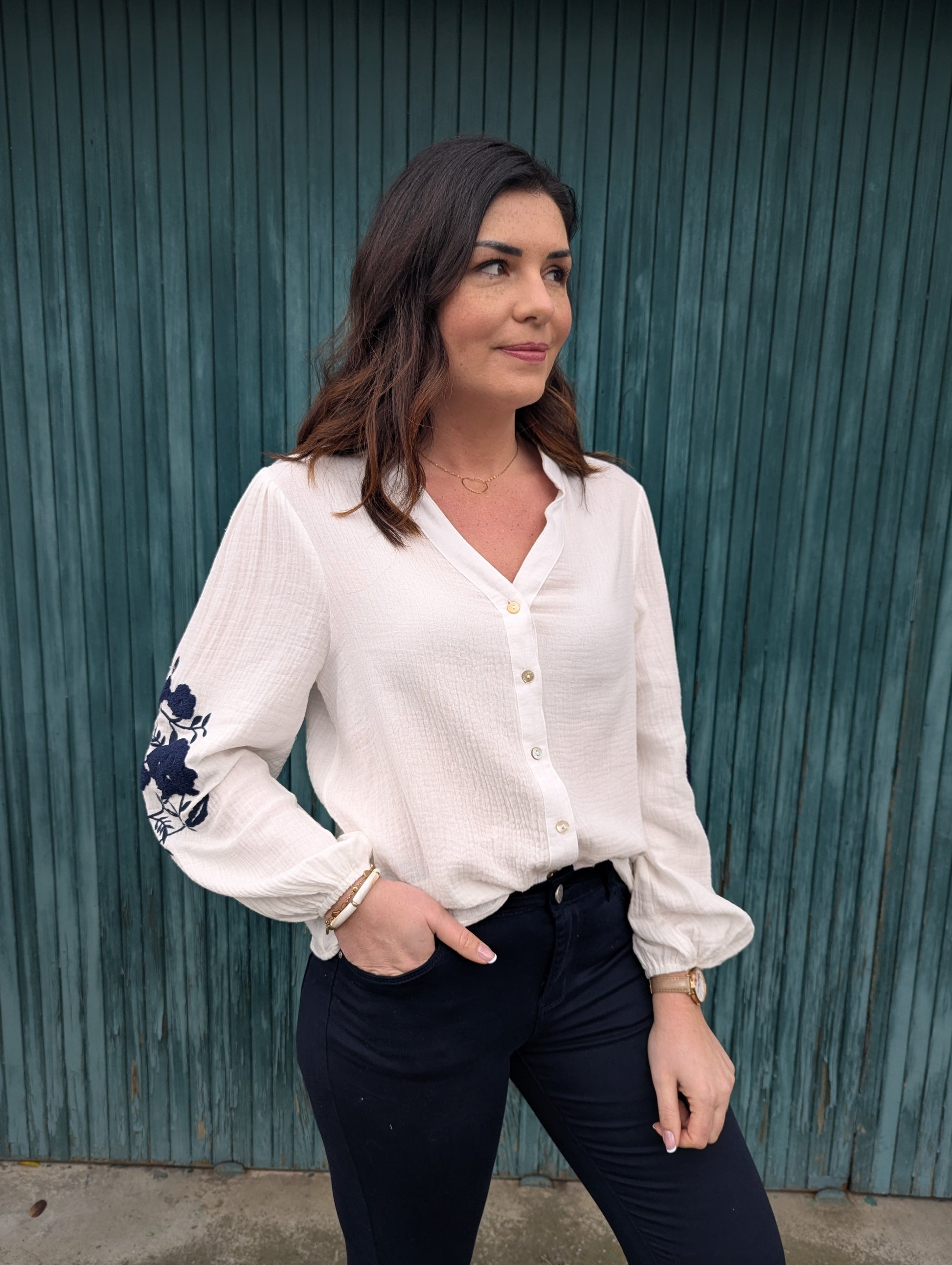 Blouse bohème blanc bleu marine gaze de coton