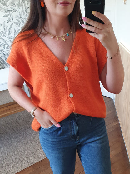 Gilet sans manches orange tout doux avec boutons nacrés