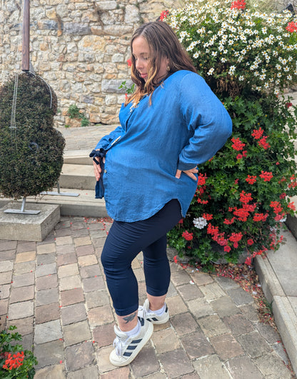 Chemise jean tencel bleu avec broches étoile de mer