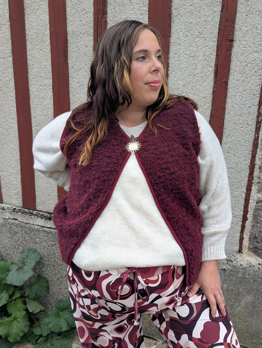 Gilet moumoute sans manche bordeaux effet poil