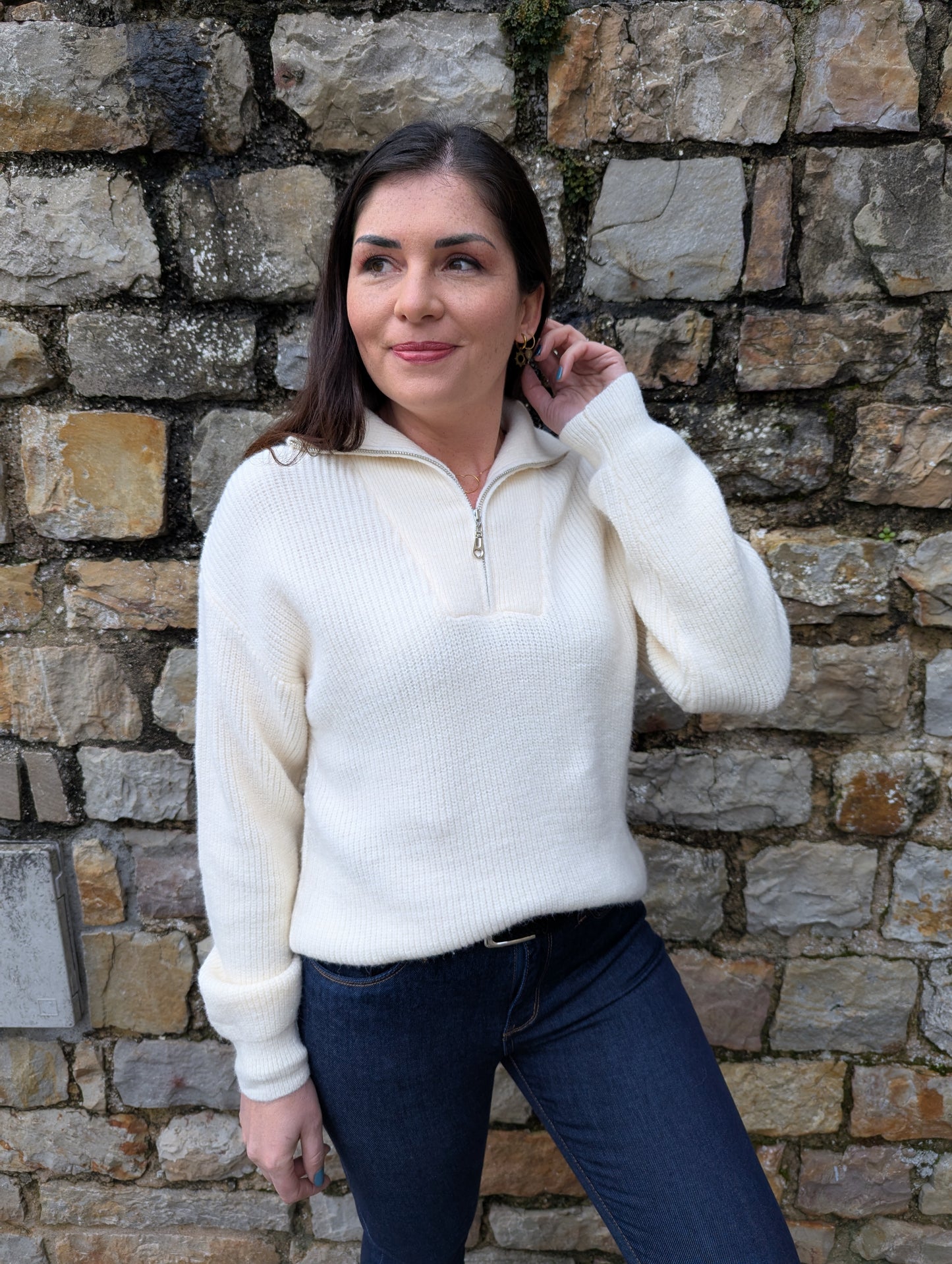 Pull beige clair col camionneur grosses mailles femme