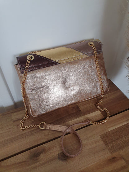 Sac en cuir italien doré cuivré bronze avec bandoulière doré