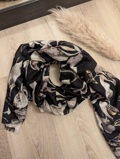 Foulard marbre noir gris beige doré paillettes