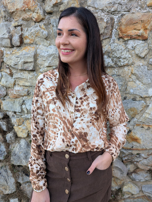 Chemise fluide oversize marron et beige peinture