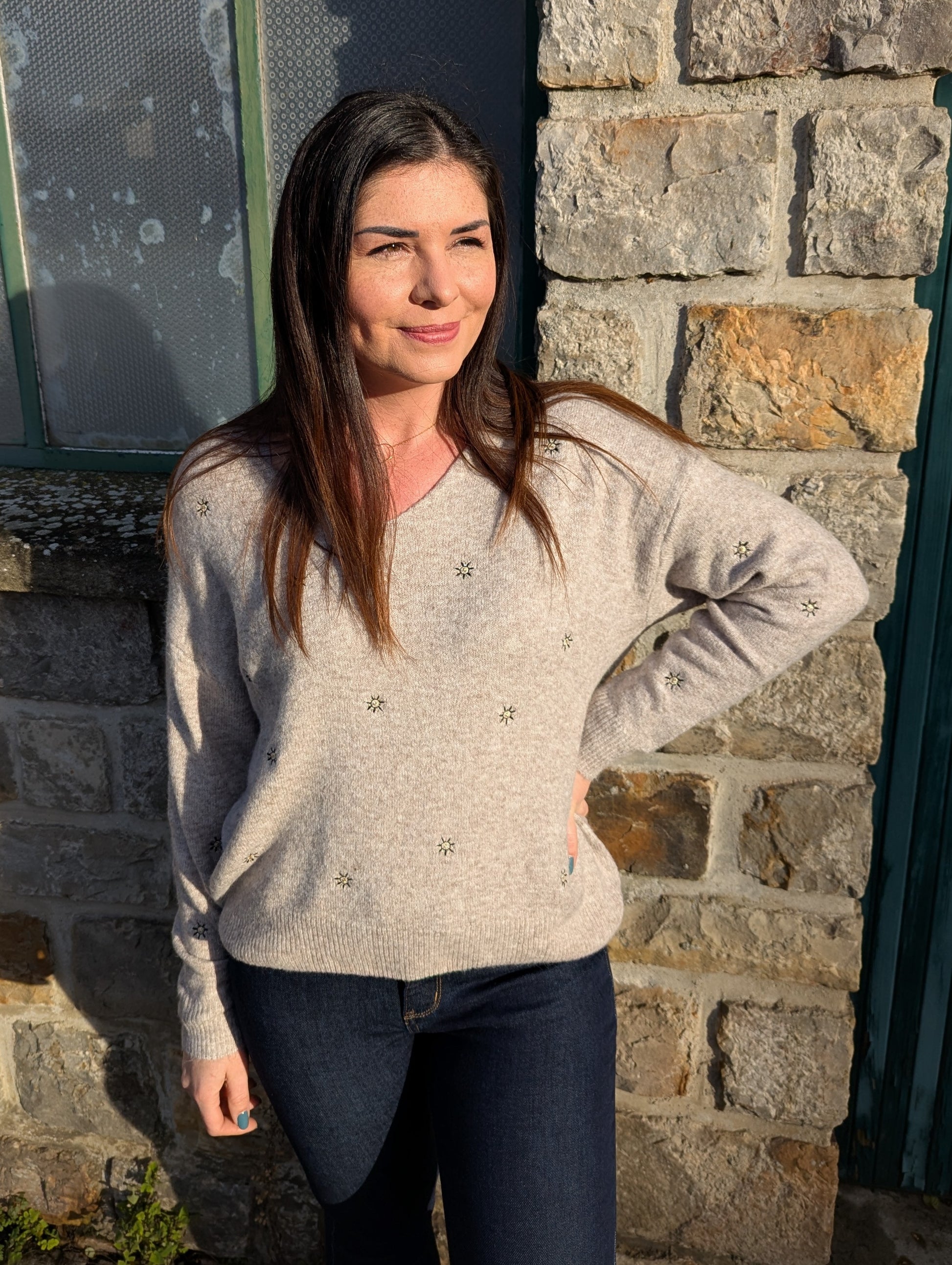 Pull beige taupe soleils col en V femme tout doux