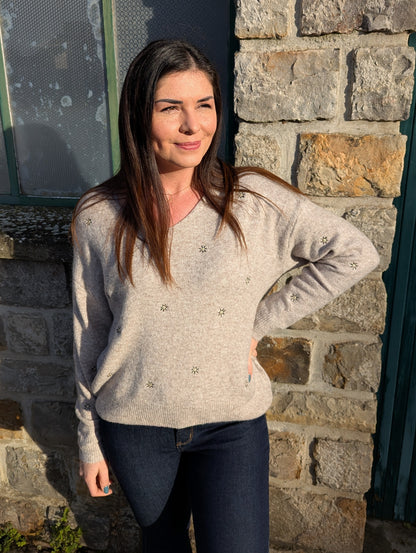Pull beige taupe soleils col en V femme tout doux