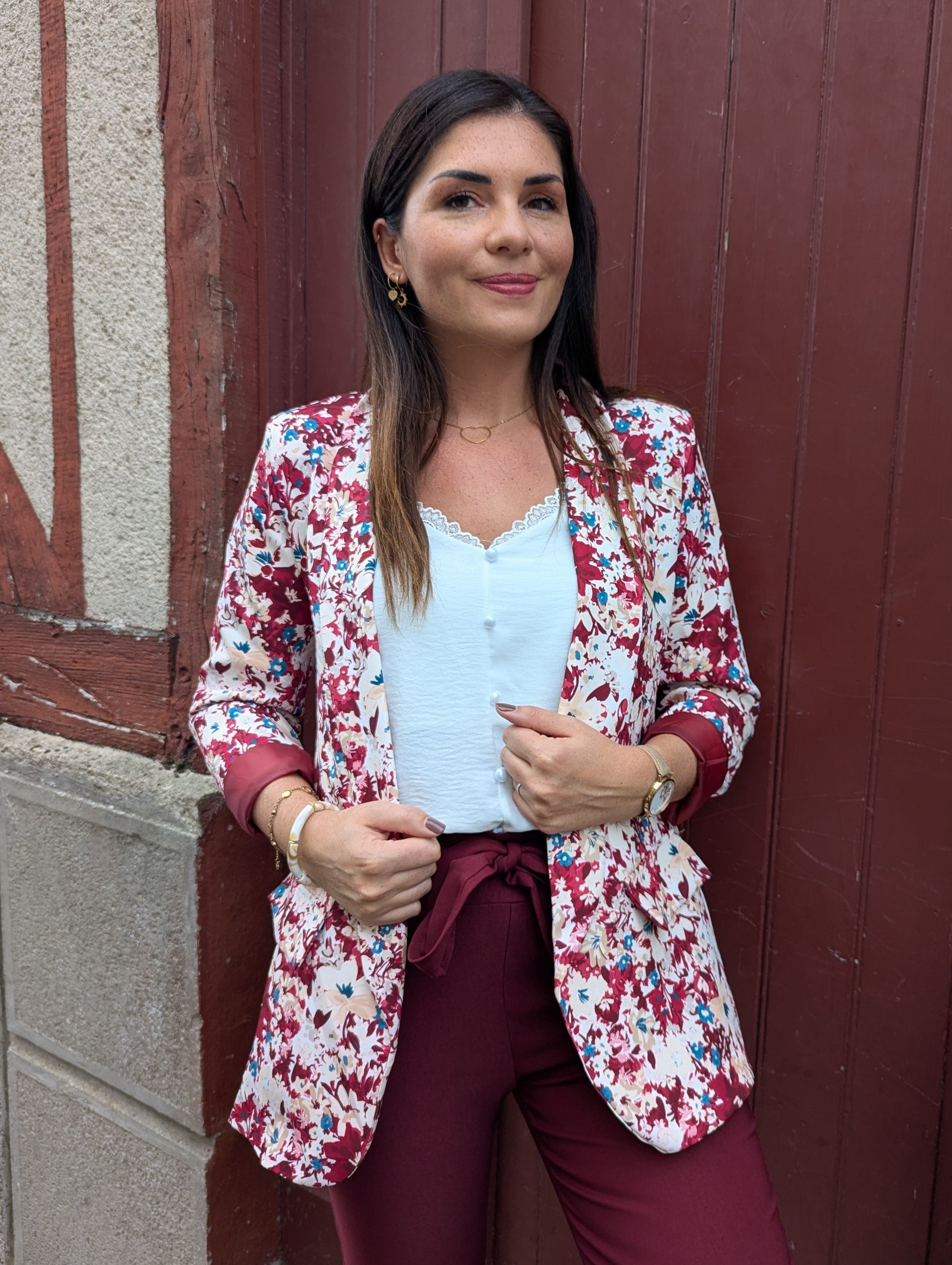 Veste blazer femme bordeaux et bleu canard fleuri
