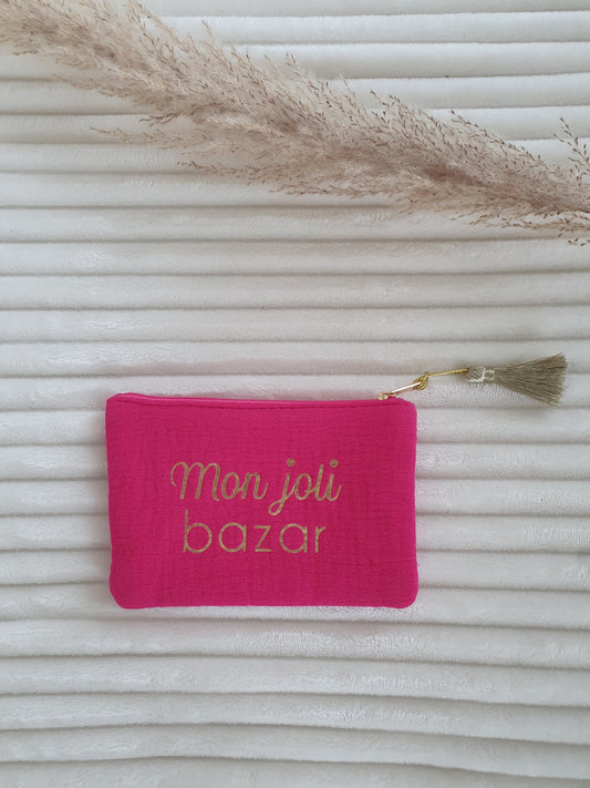 Petite pochette gaze coton rose fushia doré mon joli bazar