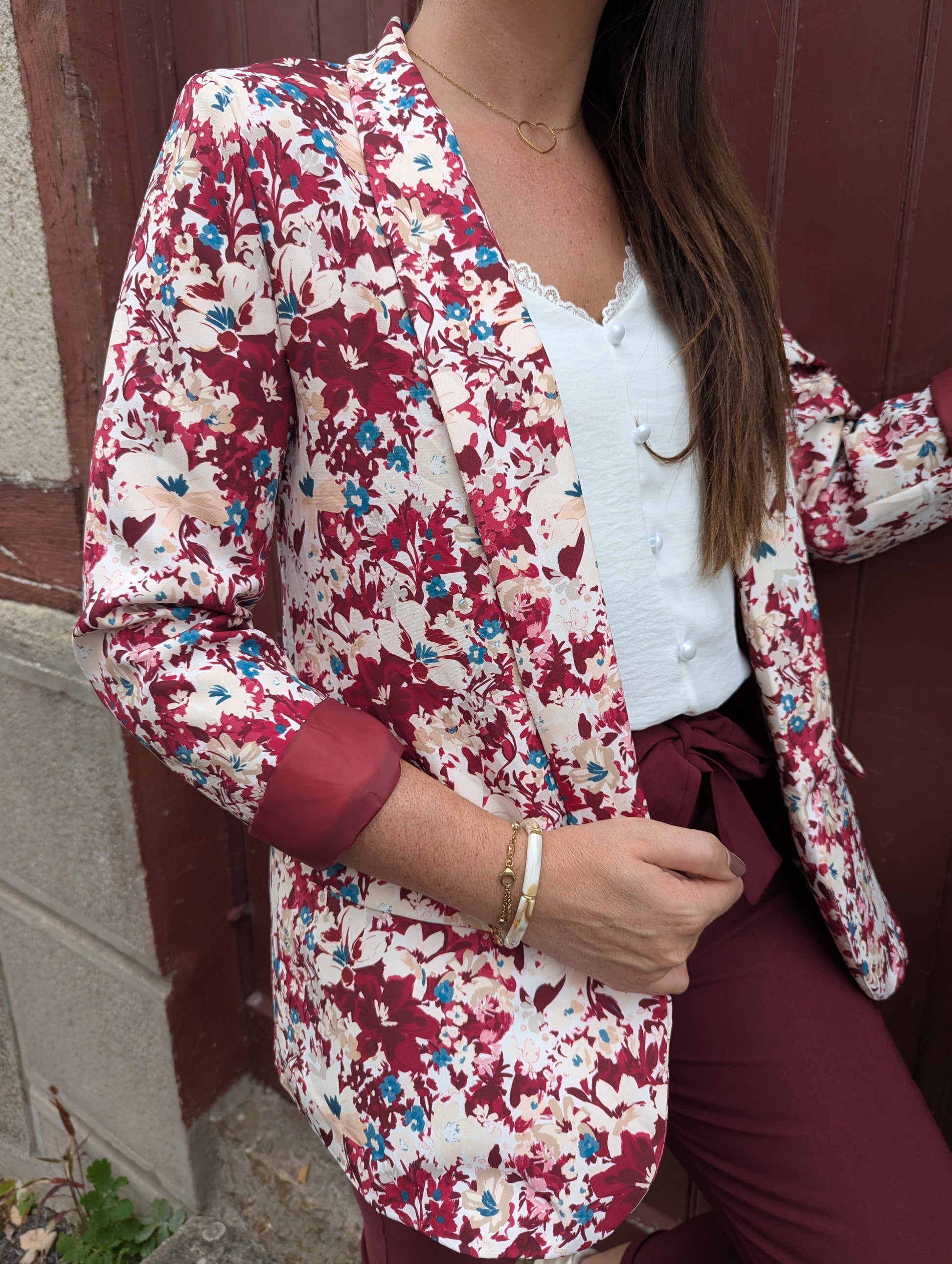 Veste blazer femme bordeaux et bleu canard fleuri