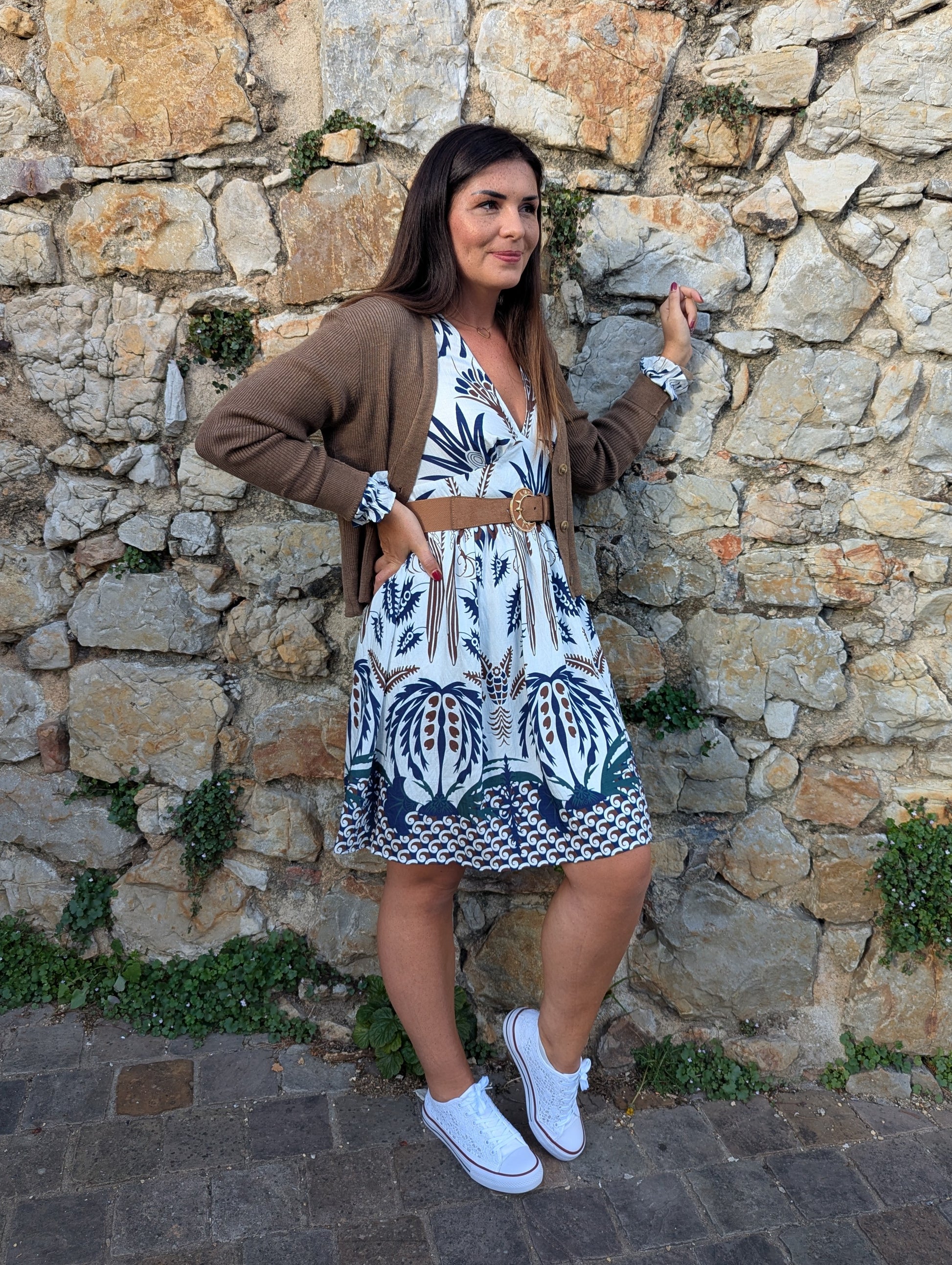 Robe courte manches longues blanc marine marron