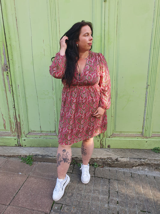 Robe manches longues rose et kaki feuilles collection curvy