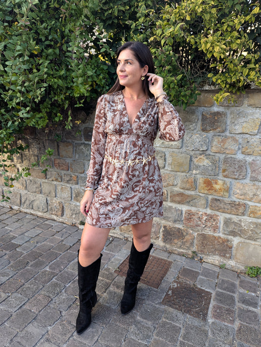 Robe courte fleurie beige et noir manches longues